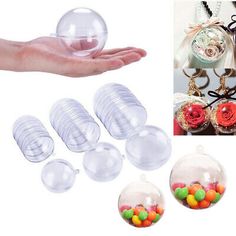 several different types of candies in clear plastic containers and a hand holding some candy