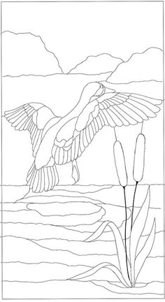 a drawing of a bird flying over water