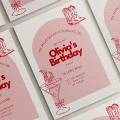 four pink birthday cards with cowboy boots on them