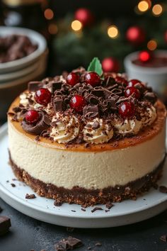 a cheesecake with chocolate chips and cherries on top sits on a white plate