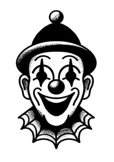 a black and white drawing of a clown's face with an evil smile on it