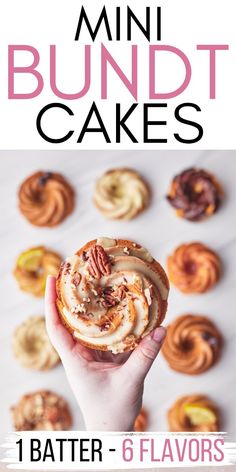 a person holding up a doughnut with nuts on it and the words, mini bundt cakes