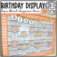 a birthday display is shown with the words happy and balloons in orange, white, and pink