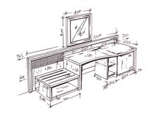 a drawing of a dressing table with drawers and a mirror on the wall, measurements