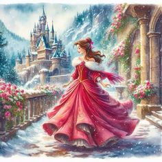 a painting of a princess in front of a castle with flowers on the balcony and snow falling all around her