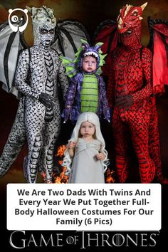 three children dressed up in costumes with text that reads, we are two dads with twins and every year we put together full body halloween costumes for our family 6 pics