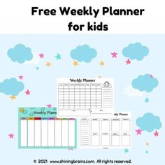 the free weekly planner for kids with stars and clouds in the sky behind it, on top of a blue background