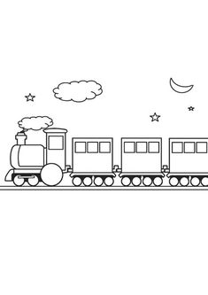 a black and white drawing of a train on the tracks with stars in the sky