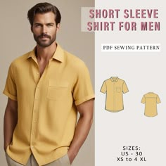 a man wearing a yellow shirt and khaki pants with the text short sleeve shirt for men