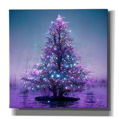 a purple christmas tree in the middle of water with lights on it's branches