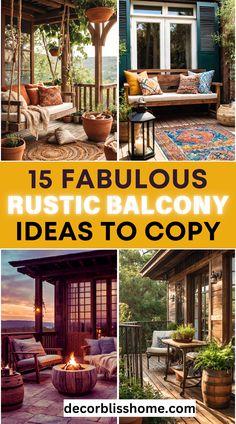 Add rustic charm with weathered wooden furniture | wrought iron railings | burlap-textured cushions | lantern-style lighting | stone or brick accents | reclaimed wood planters | cozy blankets | vintage-inspired chairs | rustic pergolas | wooden barrel planters | raw metal elements | woven rugs | hanging lanterns | lush greenery accents | and warm earthy tones. Rustic Balcony Ideas, Rustic Balcony, Wrought Iron Railings, Rustic Pergola, Iron Railings, Balcony Lighting