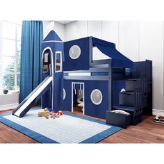 a blue bunk bed with a slide and stairs