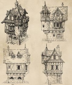 four different types of houses drawn on paper