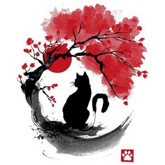 a black cat sitting under a tree with red leaves on it's branches and the moon in the background