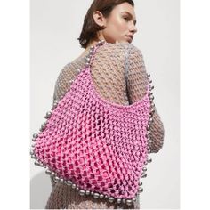 Large, Shopper style, Braided design, Shoulder strap, Unclosed, Irregular beads, Decorative beads, Beach accessories Sequin Handbag, Free Crochet Bag, Mango Outlet, Crochet Handbags Patterns, Crochet Inspo, Decorative Beads, Braid Designs, Crochet Fashion Patterns, Beaded Bag