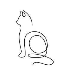 a black and white drawing of a cat sitting on the ground with its tail curled up