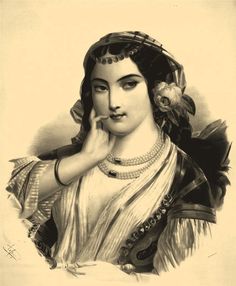 an old black and white photo of a woman with pearls on her head, wearing a tiara