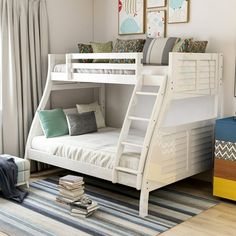 a bedroom with bunk beds and rugs on the floor