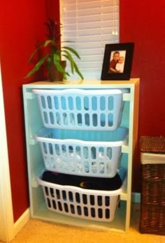 an advertisement for laundry baskets in front of a window with the caption's description