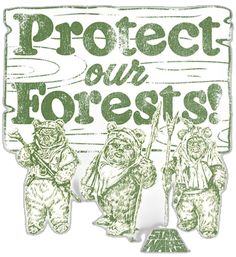 sticker with the words protect our forests in green and white ink on a white background