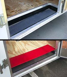 an open and closed door on the inside of a trailer with red carpeted flooring