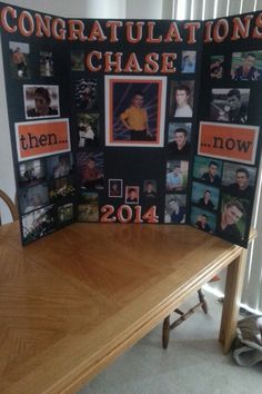 a table that has some pictures on it with congratulationss in orange and black over the top