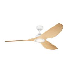 a white ceiling fan with wooden blades and light on the blade, against a white background