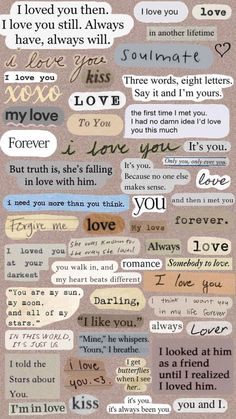 a collage of different types of words and phrases on a piece of paper with the words i love you