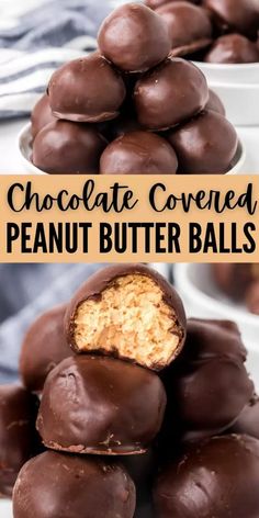 chocolate covered peanut butter balls stacked on top of each other with the title above it