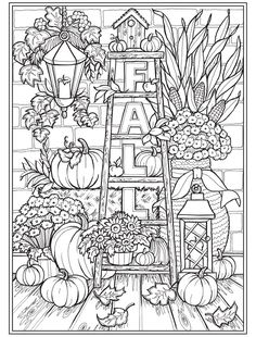 a coloring page with pumpkins, flowers and other things in the background that are on display