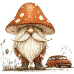 a drawing of a mushroom with a car in the background and a person standing next to it