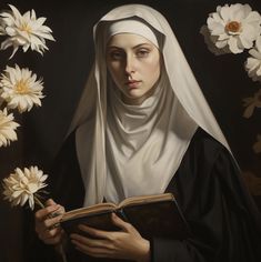 a painting of a nun holding a book in her hands with daisies around her