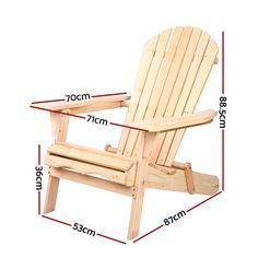 a wooden lawn chair with measurements for it