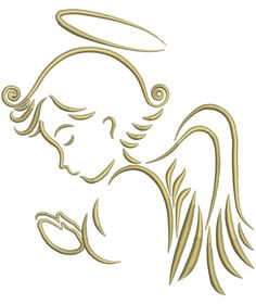 an angel with long hair is shown in gold on a white background, and has swirls