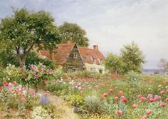 a painting of a house in the middle of a field full of flowers and trees