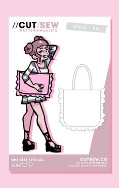 a drawing of a woman carrying a bag on her back with the words cut sew in