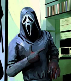 a person in a black hoodie holding a knife and wearing a grimy mask