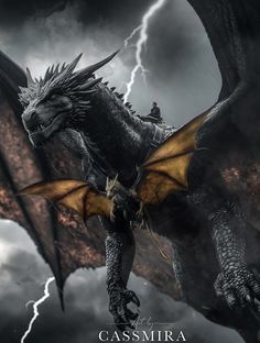 a black dragon with yellow wings flying through the air in front of lightning and clouds