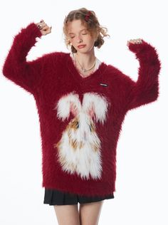 ❤Fur Oversized Rabbit Tops❤︎ Soft Sweaters, Winter Pullover, Burgundy Sweater, Women Sleeve, Softest Sweater, Cartoon Design, Fashion Killa, V Neck Sweater, Festival Fashion