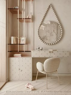 a white desk and chair in a room with a mirror on the wall above it