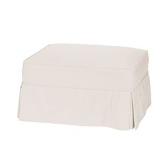 a white ottoman cover with pleated edges on the top and bottom, sitting in front of a white background