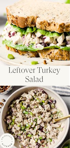 two pictures with different types of food and the words leftover turkey salad on them