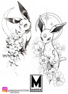 two pokemon tattoos with flowers on the side and one in the middle, both drawn by hand