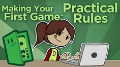 a woman sitting at a desk with a laptop computer in front of her, and the words making your practical first game rules