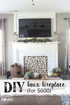 a living room with a fire place and television above the mantel in front of it