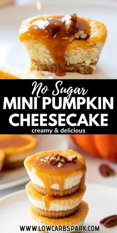 These Mini Keto Pumpkin Cheesecakes are perfectly soft, creamy, and loaded with pumpkin puree and pumpkin pie spice. Ideal for Halloween parties or as a Thanksgiving dessert, each one has just 3 grams of net carbs! Keto Mini Pumpkin Cheesecake, Healthy Holiday Baking, Peppermint Pretzel, Pumpkin Cheesecakes, Keto Cookie Dough, Pumpkin Puree Recipes, Pumpkin Muffins Easy, Mini Pumpkin Cheesecake, Keto Pumpkin Pie