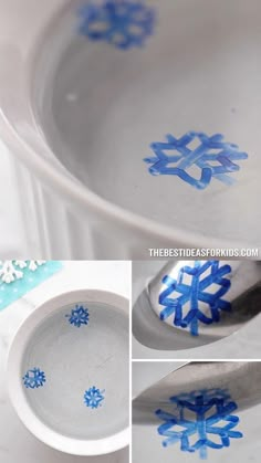 the process for making snowflakes is shown in blue and white, including two spoons