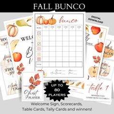 fall printables with the words welcome sign, score cards, and games to play