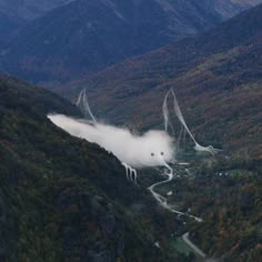 an aerial view of the mountains and valleys with trees in the foreground, while fog covers the valley below