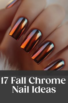 Discover the latest fall chrome nail colors that will elevate your manicure game this season. From chic metallic hues to intricate designs, these fall chrome nails are perfect for adding a touch of glamour to your look. Whether you're into minimalist styles or bold statements, there is a wide range of fall chrome nail ideas to choose from. Get inspired by these stunning fall chrome nails designs and step up your nail art game this autumn. Beautiful Nails Ideas, Shiny Chrome Nails, Fall Holographic Nails, Crome Nails Halloween, Chrome Nail Ideas Fall, Chrome Dipped Nails Ideas, Fall Chrome Nail Colors Ideas, Pumpkin Chrome Nails, Bronze Chrome Nails Designs